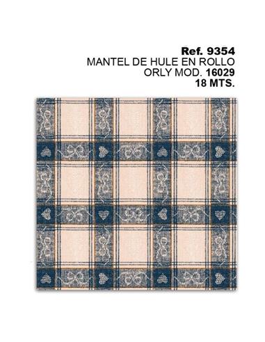 MANTEL ROLLO CUADROS AZULES FONDO BEIG